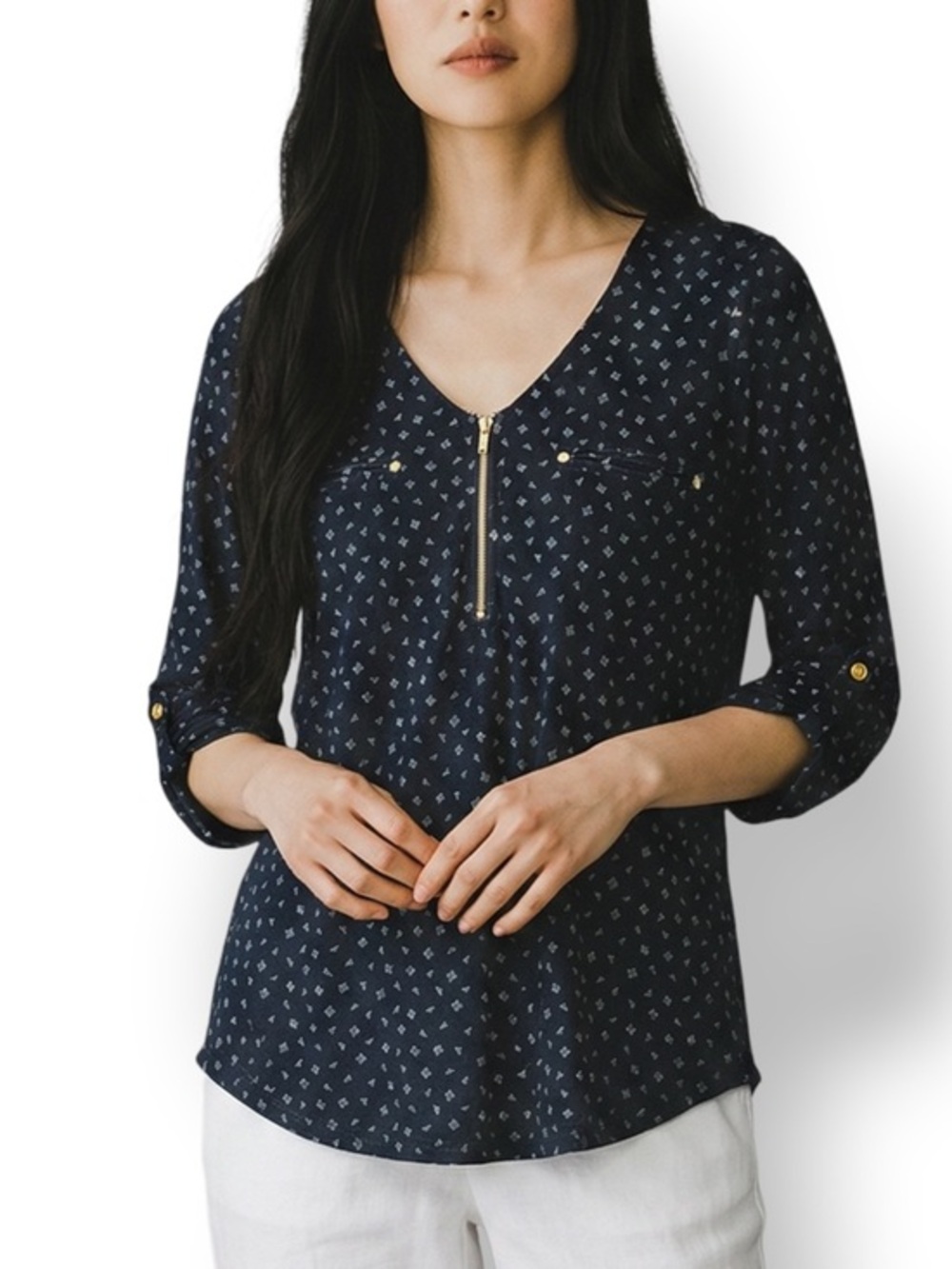 4/$20 The Workshop Blouse Black Geometric Print Zip Front Roll Tab Sleeve Top S